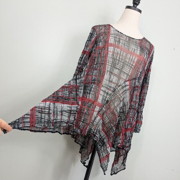 Mesh Top S Red Black Y2K Vintage Whimsigoth Comfy Loose Sheer Plaid Sleeve - Picture 5 of 9